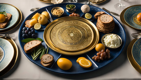 A beautifully arranged Seder plate featuring traditional foods for the Passover holiday, set against a white tablecloth and surrounded by other tableware.の写真素材