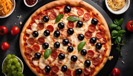 A close-up shot of a delicious pizza with pepperoni and black olives. The pizza is topped with melted cheese and fresh basil leaves and is surrounded by other ingredients, including tomatoes.の写真素材