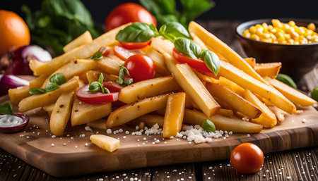 A close-up view of a plate of crispy fried potato sticks topped with fresh basil leaves and cherry tomatoes.の写真素材