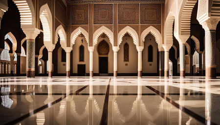 The interior of a mosque with a series of arches and columns leading to the prayer room. Sunlight is reflecting off the polished marble floors.の写真素材