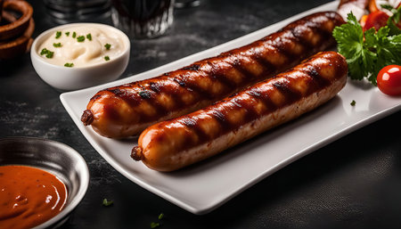 Close-up of two grilled sausages on a white plate. The sausages have a crispy brown exterior and are surrounded by a variety of condiments.の写真素材