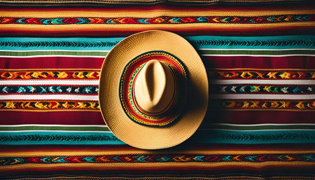 A close-up shot of a straw hat resting on a vibrant colorful woven fabric, showing the intricate pattern and texture of the textile.の写真素材
