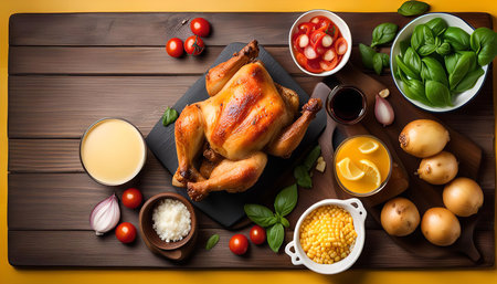 A roasted chicken with various side dishes and ingredients displayed on a rustic wooden table. The chicken is roasted to perfection and surrounded by bowls of tomatoes, onions, basil, garlic, corn, sauce, cheese, and lemon.の写真素材