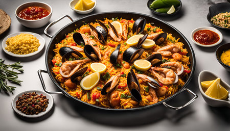 A delicious paella with shrimp and mussels, garnished with lemon wedges and fresh herbs.の写真素材
