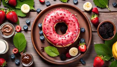 A delicious pink glazed donut with sprinkles and fruit like strawberries, blueberries, and bananas on a wooden background.の写真素材