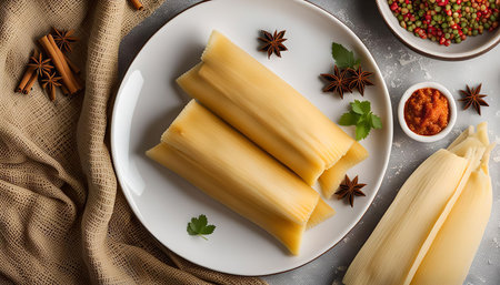 A plate of traditional Mexican tamales, ready to be enjoyed. The tamales are wrapped in corn husks and are served with a chili sauce.の写真素材