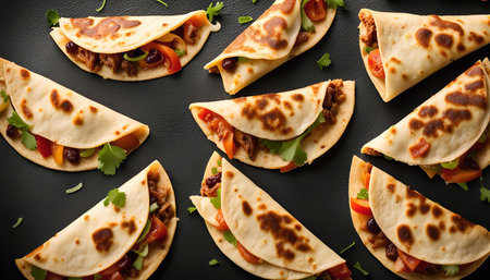 Close-up shot of various delicious homemade quesadillas, filled with different combinations of cheese, meat, and vegetables.の写真素材