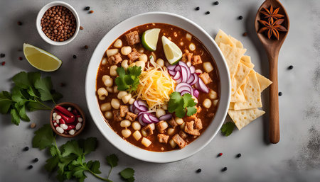 A bowl of chili with a variety of toppings such as cheese, onion, lime, and coriander.の写真素材