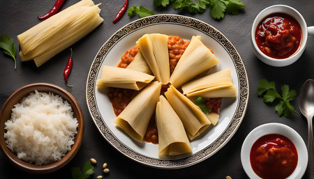 A plate of tamales with beans and chili sauce, accompanied by a side of rice and a bowl of chili sauce.の写真素材
