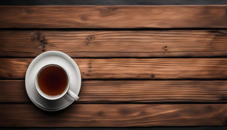A white cup and saucer with tea sits on a wooden table, seen from above.の写真素材