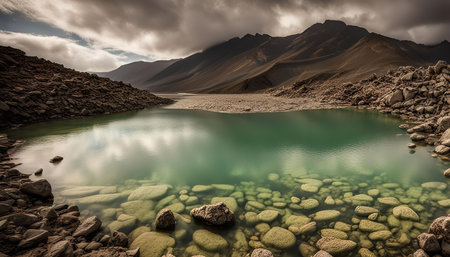 A picturesque view of a serene mountain lake with crystal clear water, surrounded by rocky hills and reflecting the sky and clouds.の写真素材