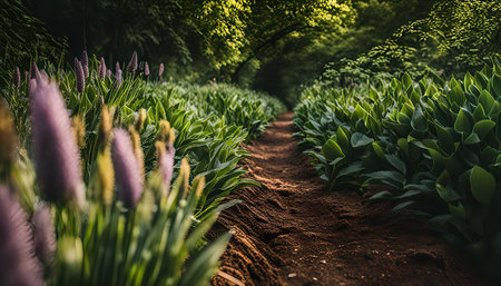 A winding path leads through a lush, green forest, the light filtering through the leaves and casting dappled shadows on the ground.の写真素材