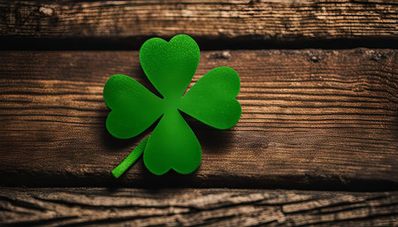 A close-up shot of a green four-leaf clover on a rustic wooden background, symbolizing good luck and Irish heritage.の写真素材