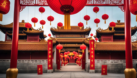 A Chinese temple decorated with red lanterns for a festive occasion. The temple is a beautiful example of traditional Chinese architecture and is a popular tourist destination.の写真素材