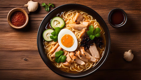 A close-up of a steaming bowl of ramen with chicken, egg, cucumber, and star anise on a wooden...