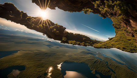 A breathtaking aerial view of a rock formation with a sunlit sky visible through its opening. A serene lake reflects the surrounding landscape and the sun's rays.の写真素材