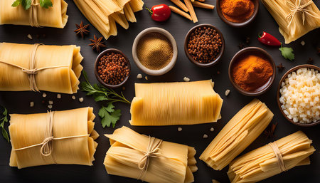 Close-up overhead shot of freshly prepared Tamales, wrapped in corn husks and accompanied by various spices and ingredientsの写真素材