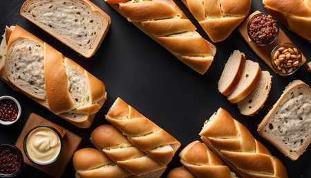 A Flat Lay of Bread and Sandwich Ingredients: Freshly baked bread and rolls for sandwiches, along...