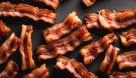 Close-up of crispy bacon strips arranged on a black surface. The image is captured with a high-resolution camera, showing the intricate details and textures of the bacon.の写真素材