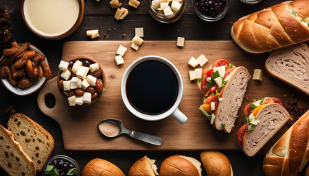 Overhead view of a freshly made sandwich with coffee, cheese, and other ingredients on a wooden table. The picture shows a delicious breakfast, lunch or dinner.の写真素材