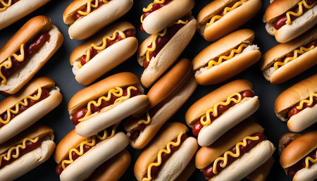 A close up view of hot dogs with mustard and ketchup, a flat lay food photography style that shows all the details and colors.の写真素材