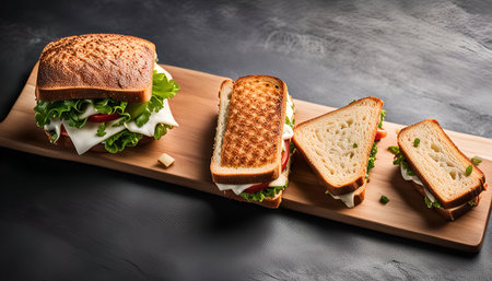 Four tasty sandwiches with fresh vegetables on a wooden board.の写真素材