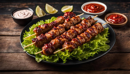 A plate of grilled chicken skewers served with sauces and lime wedges.の写真素材