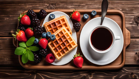 A delicious breakfast of waffles with fresh berries and a cup of coffee on a wooden trayの写真素材