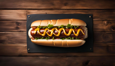 A classic hot dog with mustard and lettuce, served on a slate plate and placed on a rustic wooden table. The overhead shot captures the delicious and simple nature of this classic American dish.の写真素材