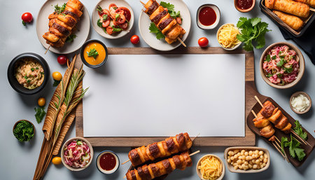Top view of a white background with various appetizers, including fried food, sauces, salads, and fresh herbs. Great as a backdrop for food photography.の写真素材
