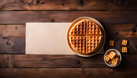 A close-up shot of a plate of waffles arranged on a rustic wooden table, accompanied by a bowl of waffle pieces. The waffles are golden brown and have a crispy texture. The warm tones of the image enhance the deliciousness of the food.の写真素材