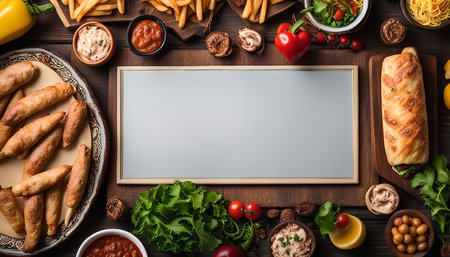 A white frame surrounded by a variety of food items such as bread, cheese, vegetables, and sauces on a wooden table. This image would be ideal for displaying restaurant menus or food product advertisements.の写真素材