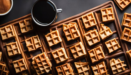 A delightful and tempting arrangement of waffles and a cup of coffee, ready to be enjoyed. This still life image captures the perfect moment for a quick and satisfying snack.の写真素材