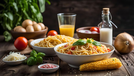 A close-up of a plate of delicious pasta with corn and tomatoes, with additional ingredients like basil, cheese, and milk. This image is perfect for food blogs, recipes, or restaurant menus.の写真素材