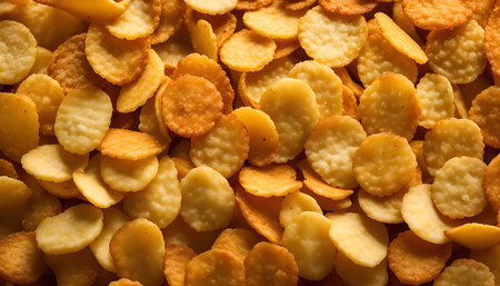 A close up photo of crispy rice crackers with a golden and yellow color.