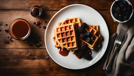 A plate of delicious waffles topped with syrup and berries, ready to be enjoyed for breakfast or a sweet snack.の写真素材