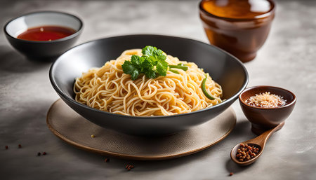 A bowl of noodles with a garnish of green leaves. The noodles are in a black bowl, and the bowl is on a plate. The background is a gray surface with brown pottery.の写真素材
