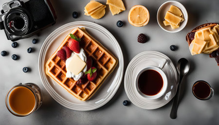 A delicious waffle with strawberries, whipped cream, and butter, accompanied by coffee and other sweet treats on a table with a gray background.の写真素材