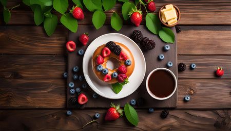 A close-up shot of a donut topped with fresh berries and a cup of coffee. The donut is glazed and the berries are bright and colorful. The background is a rustic wooden table.の写真素材