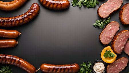 A close-up of grilled sausages arranged around a black background. The sausages are surrounded by fresh herbs, a bowl of dipping sauce and a yellow pepper.の写真素材