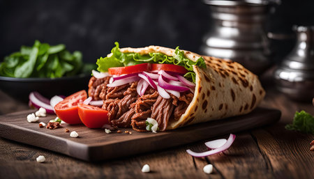 Close up of a delicious ground beef wrap with fresh vegetables, red onion and lettuce on a wooden cutting board.の写真素材