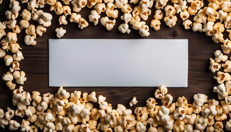 A top-down view of a blank white sign surrounded by popcorn on a wooden surface.の写真素材