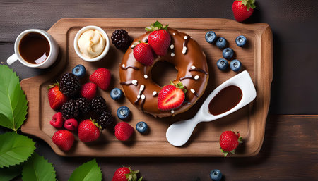 A chocolate donut with white chocolate drizzle and sprinkles, topped with strawberries, blueberries, and blackberries, on a wooden cutting board with a cup of coffee.の写真素材