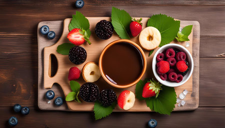 A tempting chocolate fondue arrangement featuring a variety of fresh berries ready for dipping. The rich chocolate sauce is nestled in a bowl, surrounded by strawberries, blueberries, raspberries, and blackberries.の写真素材