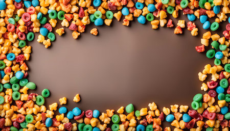 A colorful cereal border with various shapes and colors scattered on a brown background, creating a visually appealing frame.の写真素材