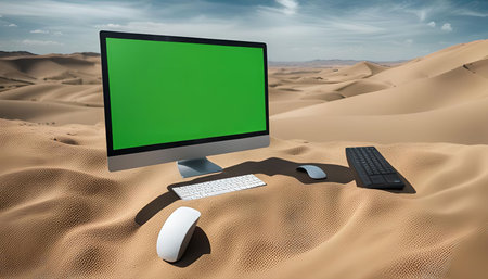A computer with a green screen, a keyboard, and a mouse sit in the sand dunes of a desertの写真素材