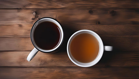Two teacups, one black tea and one herbal, sitting on a wooden table, ready to be enjoyed.の写真素材