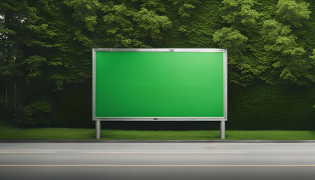 A blank green billboard mockup set against a lush natural background. Perfect for showcasing advertising designs.の写真素材
