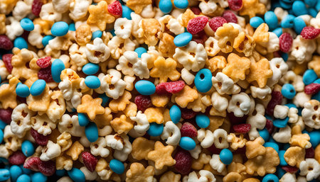 A colorful mix of popcorn, candy and star-shaped sprinkles, perfect for a fun and festive snack or dessert.の写真素材