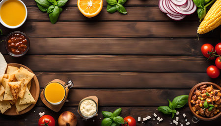 A flat lay photo of various ingredients arranged around the edges of a wooden table. The ingredients include fresh vegetables, fruits, sauces, cheese and crackers, suggesting a delicious and healthy meal is being prepared.の写真素材